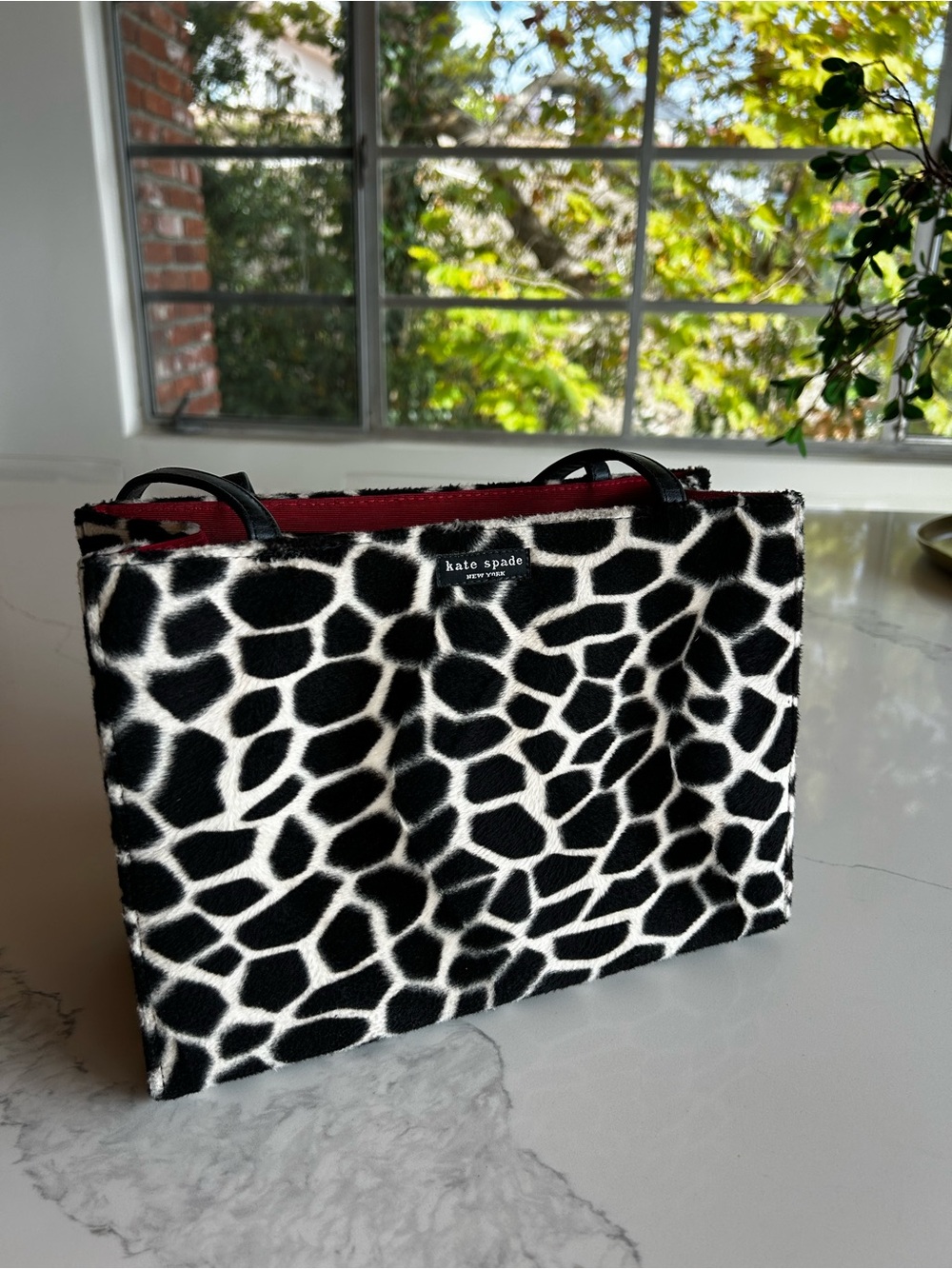 kate spade Black and White Giraffe-Print Tote with Red Interior